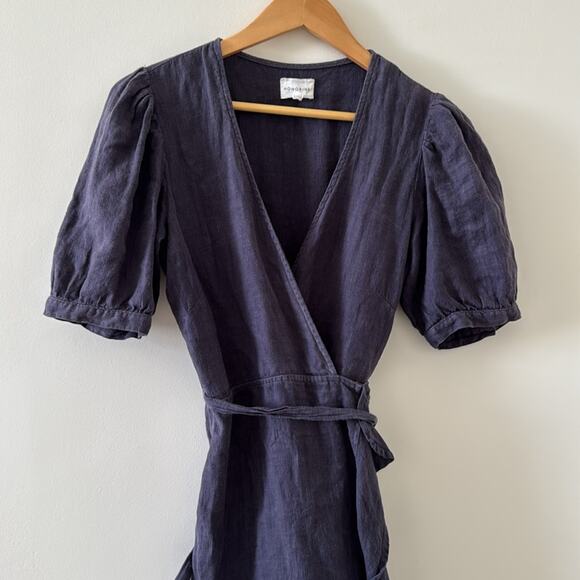 Honorine Charlotte Ruffle Wrap Dress 100% Linen Grey Blue Size Small - Picture 3 of 7